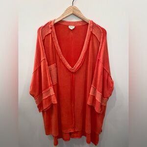 POL Orange Knit V-Neck Relaxed Tunic Raw Hem Pocket Short Sleeve Women’s Medium